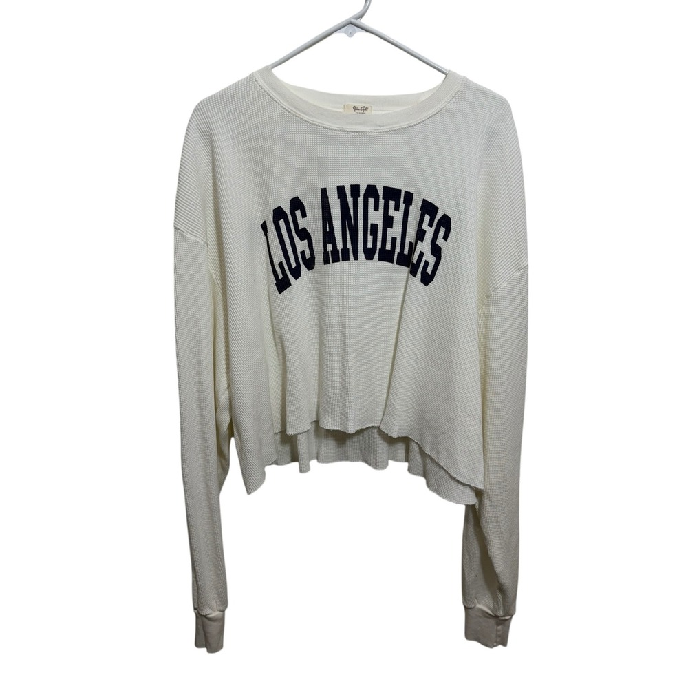 John Galt Thermal Top Womens White One Size Los Angeles Graphic Waffle Knit Crop